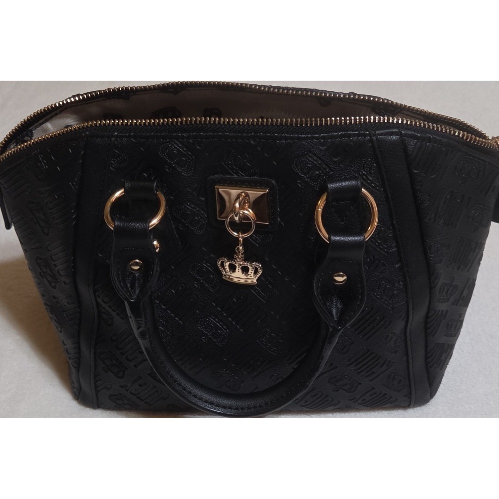 Juicy Couture Black Embossed‎ Satchel Crown Charm Gold Hardware Zip Closure